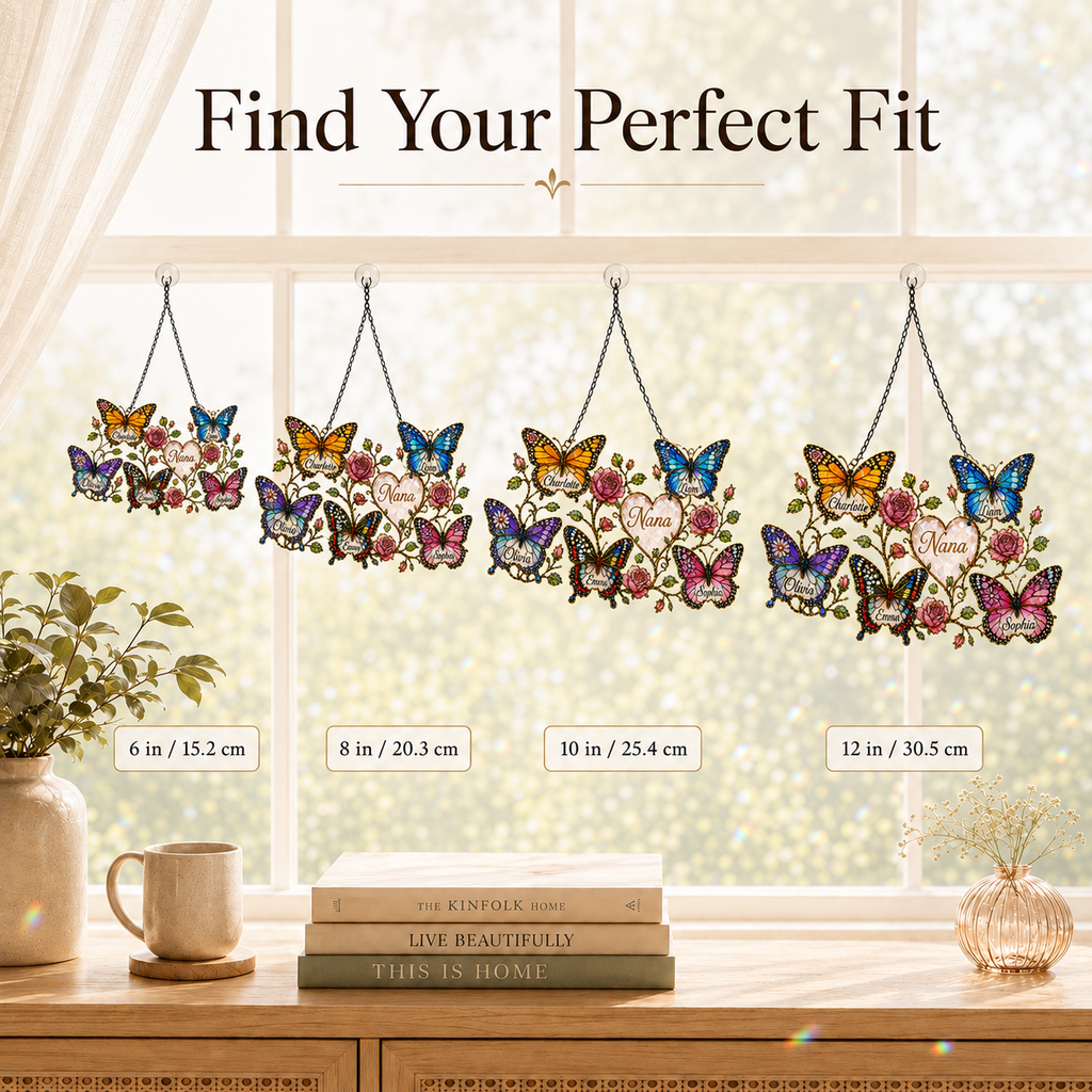 Size chart comparing 6, 8, 10 and 12 inch personalized Grandma butterfly suncatcher
