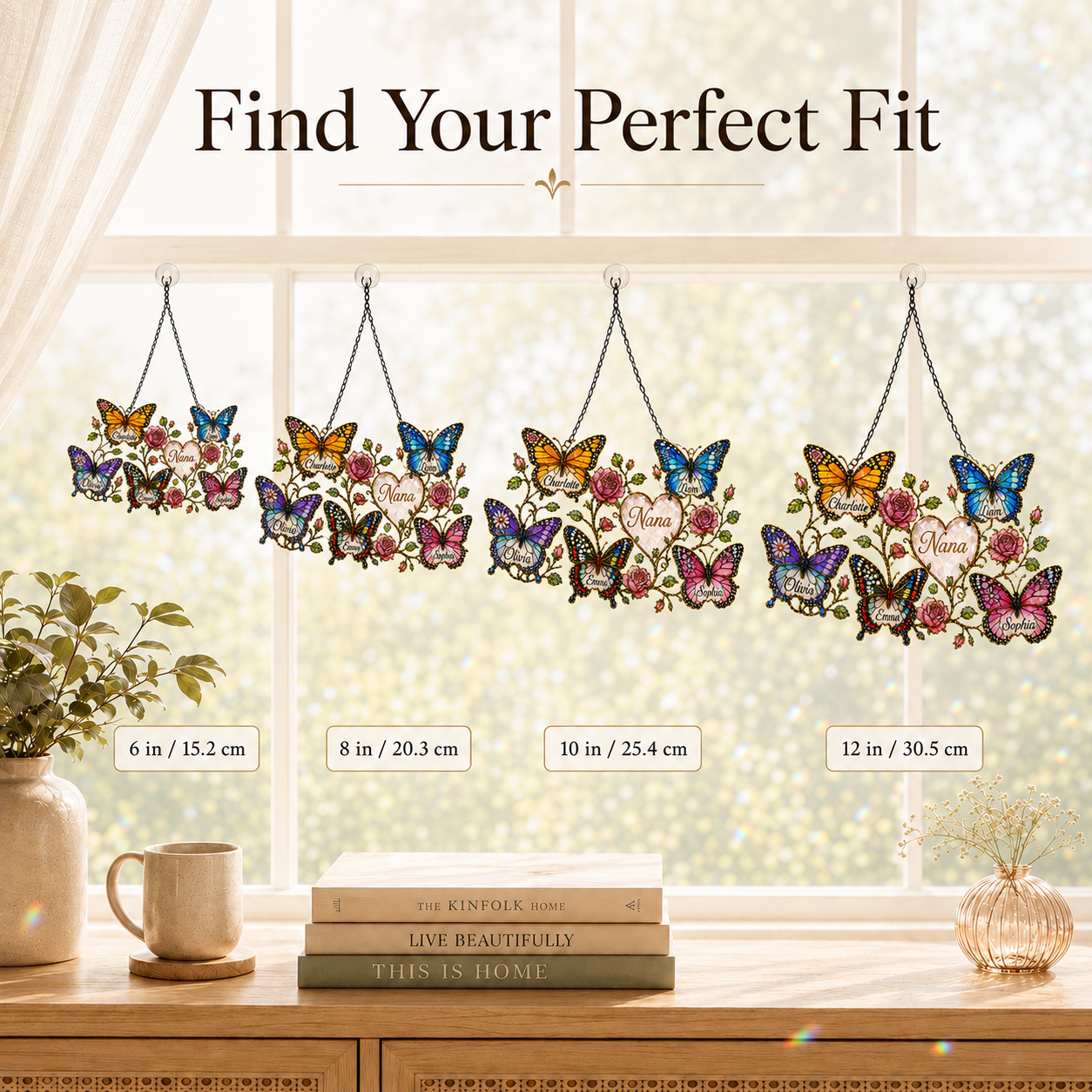 Size chart comparing 6, 8, 10 and 12 inch personalized Grandma butterfly suncatcher
