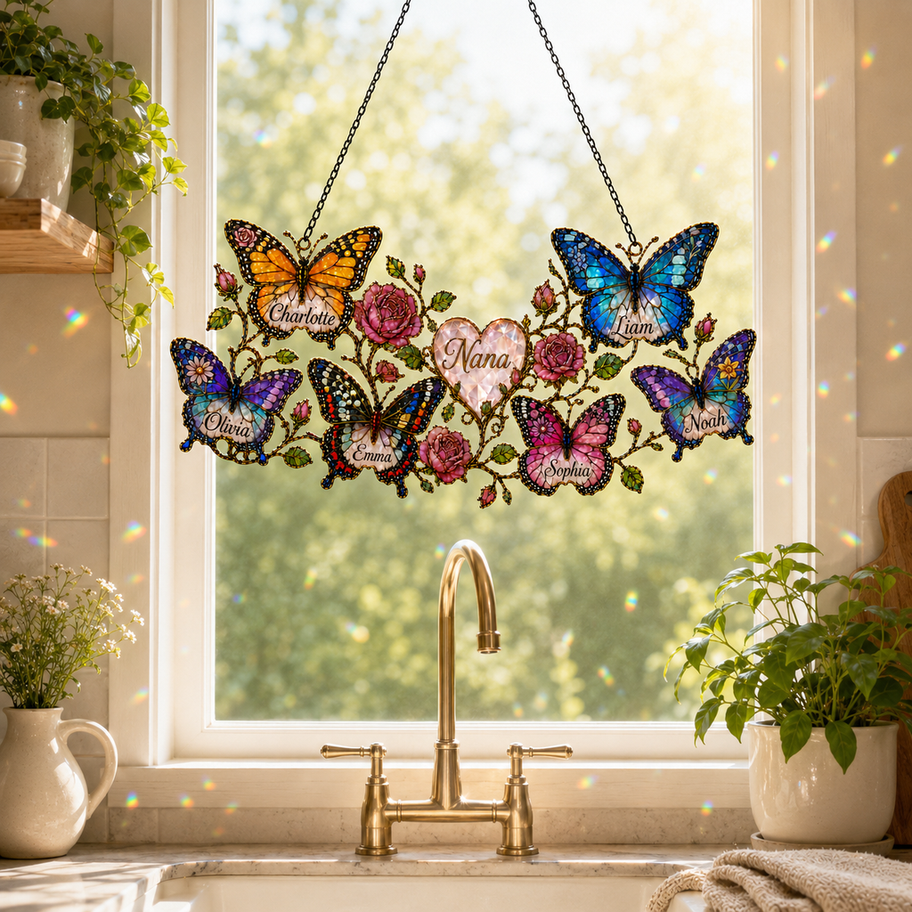 Custom name butterfly suncatcher in a sunlit home window, stained glass style acrylic art