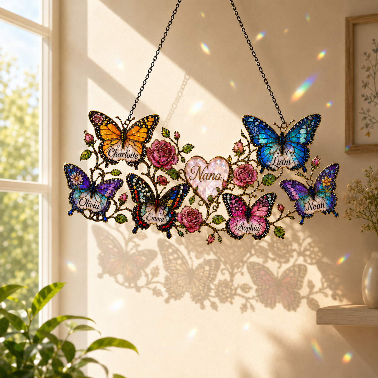 Butterfly and roses name suncatcher casting butterfly shadows and rainbow sparkles on the wall
