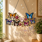 Personalized family name butterfly suncatcher hanging indoors as holographic window decor