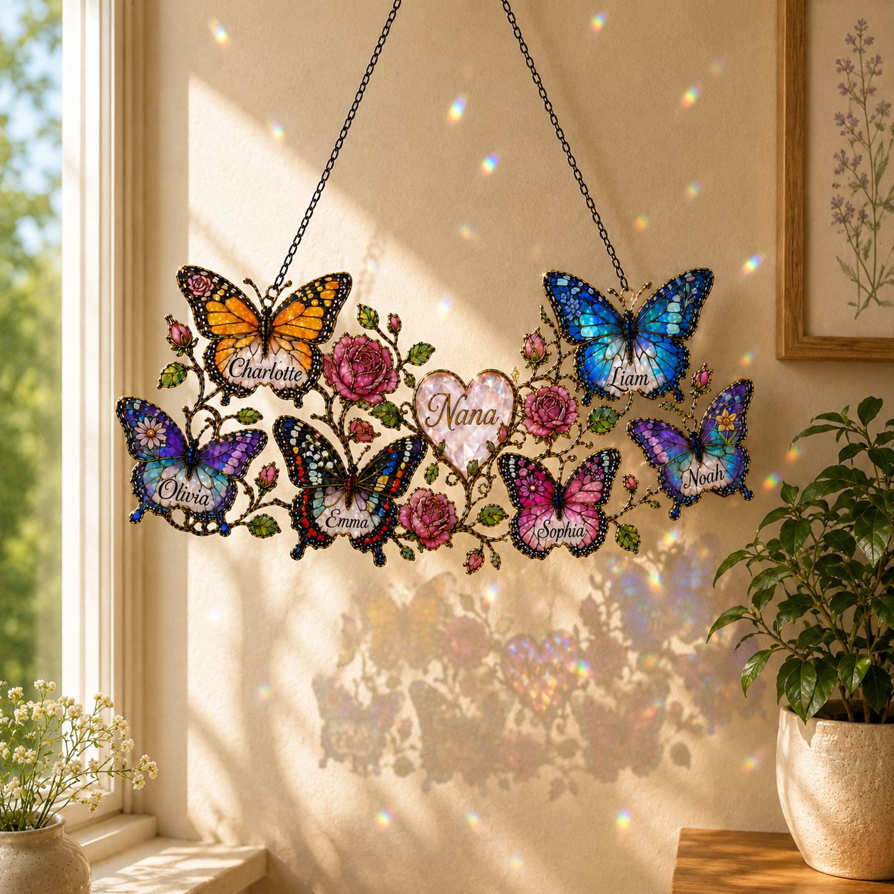 Personalized family name butterfly suncatcher hanging indoors as holographic window decor
