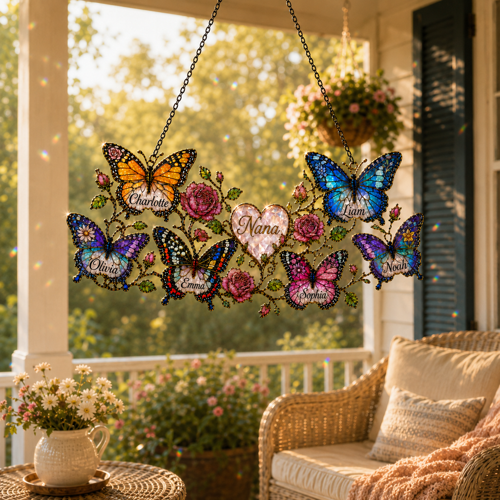 Detail of stained glass style butterflies and pink roses with engraved grandchildren names