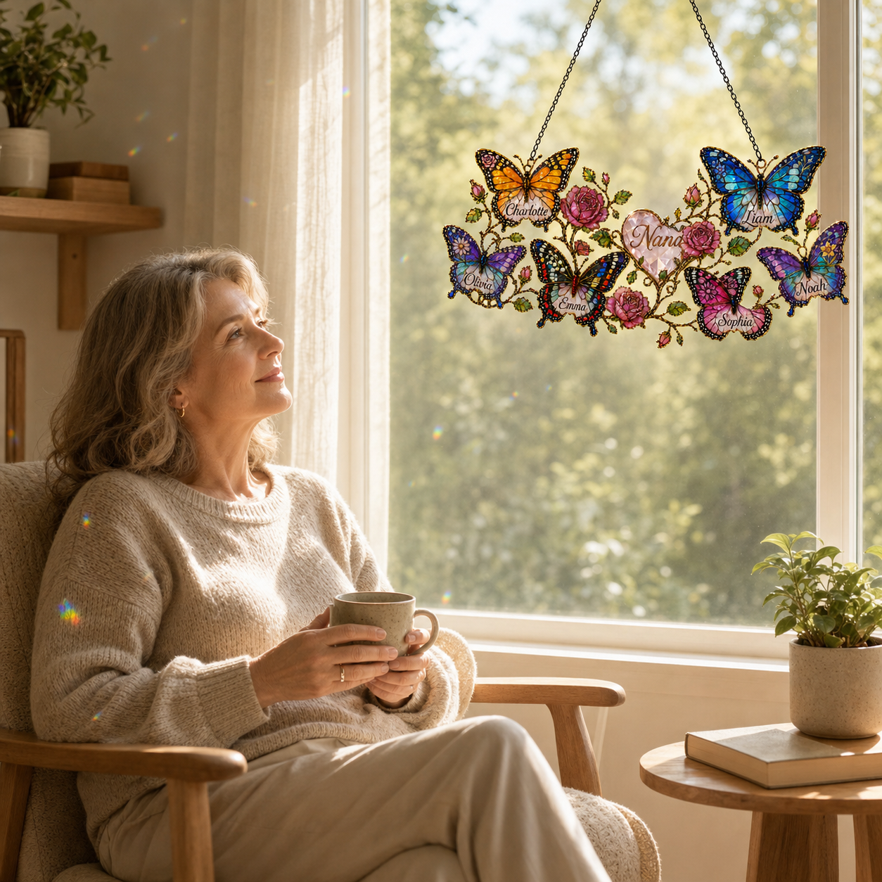Grandmother in a sunlit room admiring her personalized butterfly and roses name suncatcher