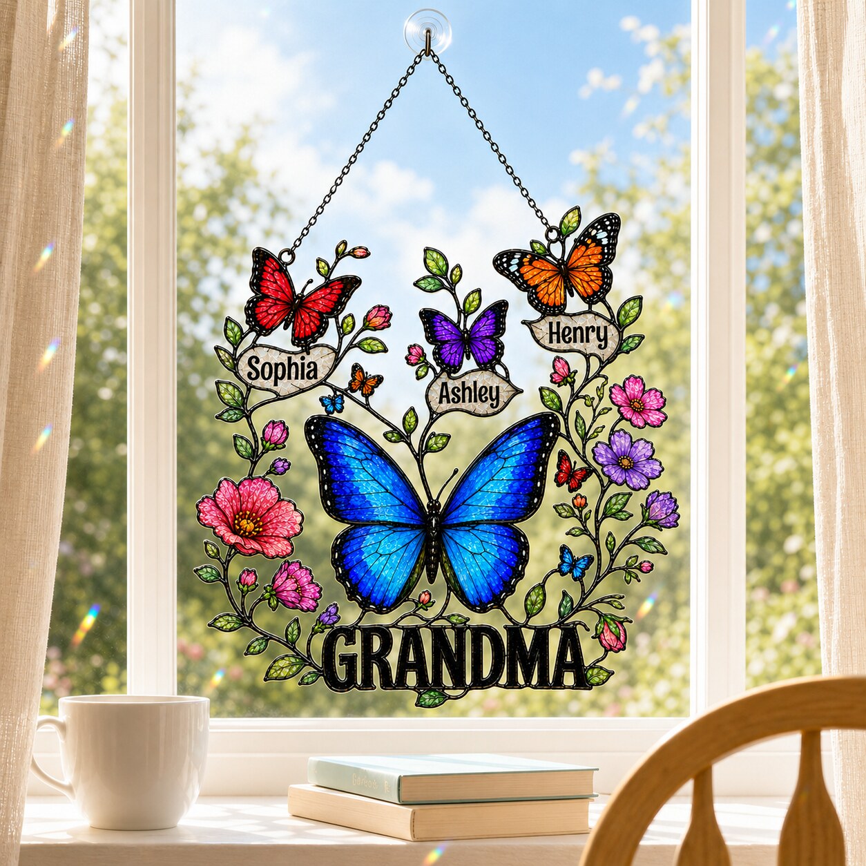 Personalized Grandma Butterfly Wreath Holographic Acrylic Suncatcher