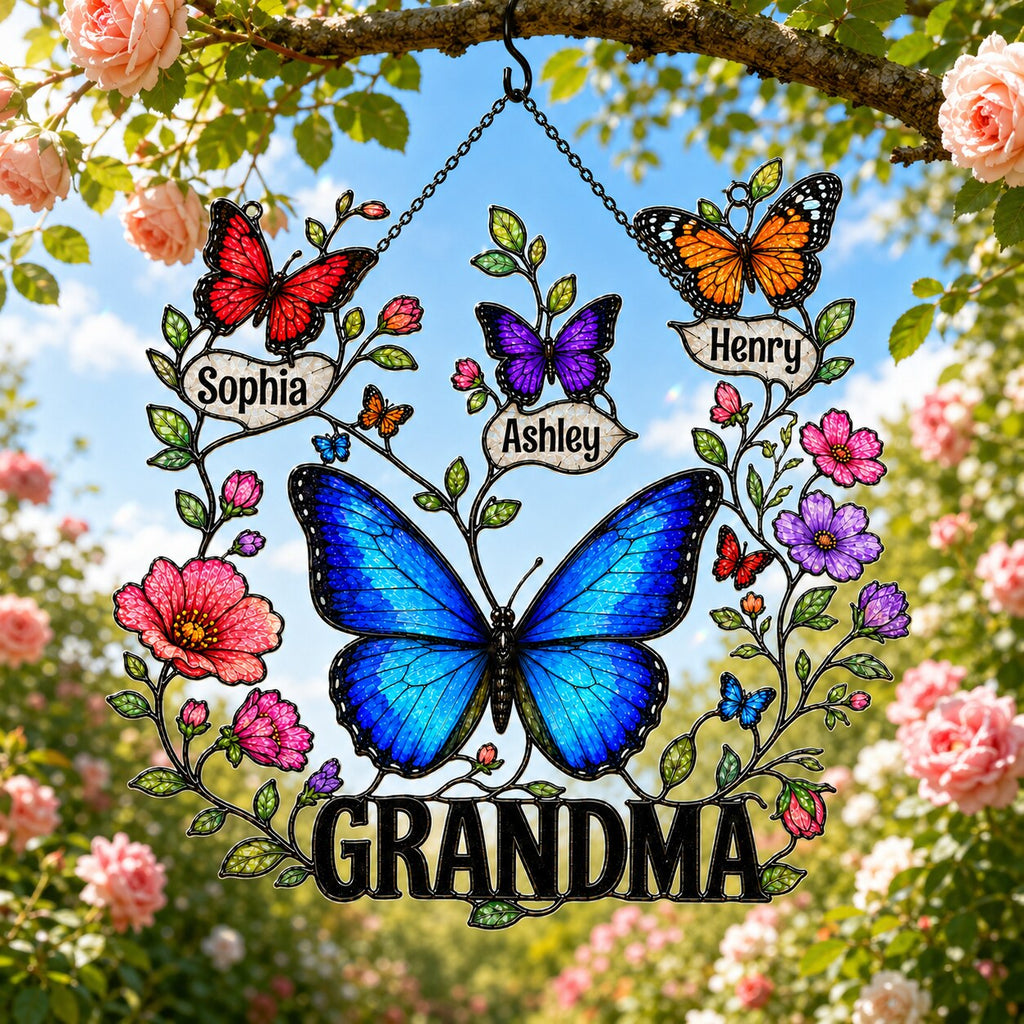 Personalized Grandma Butterfly Wreath Holographic Acrylic Suncatcher