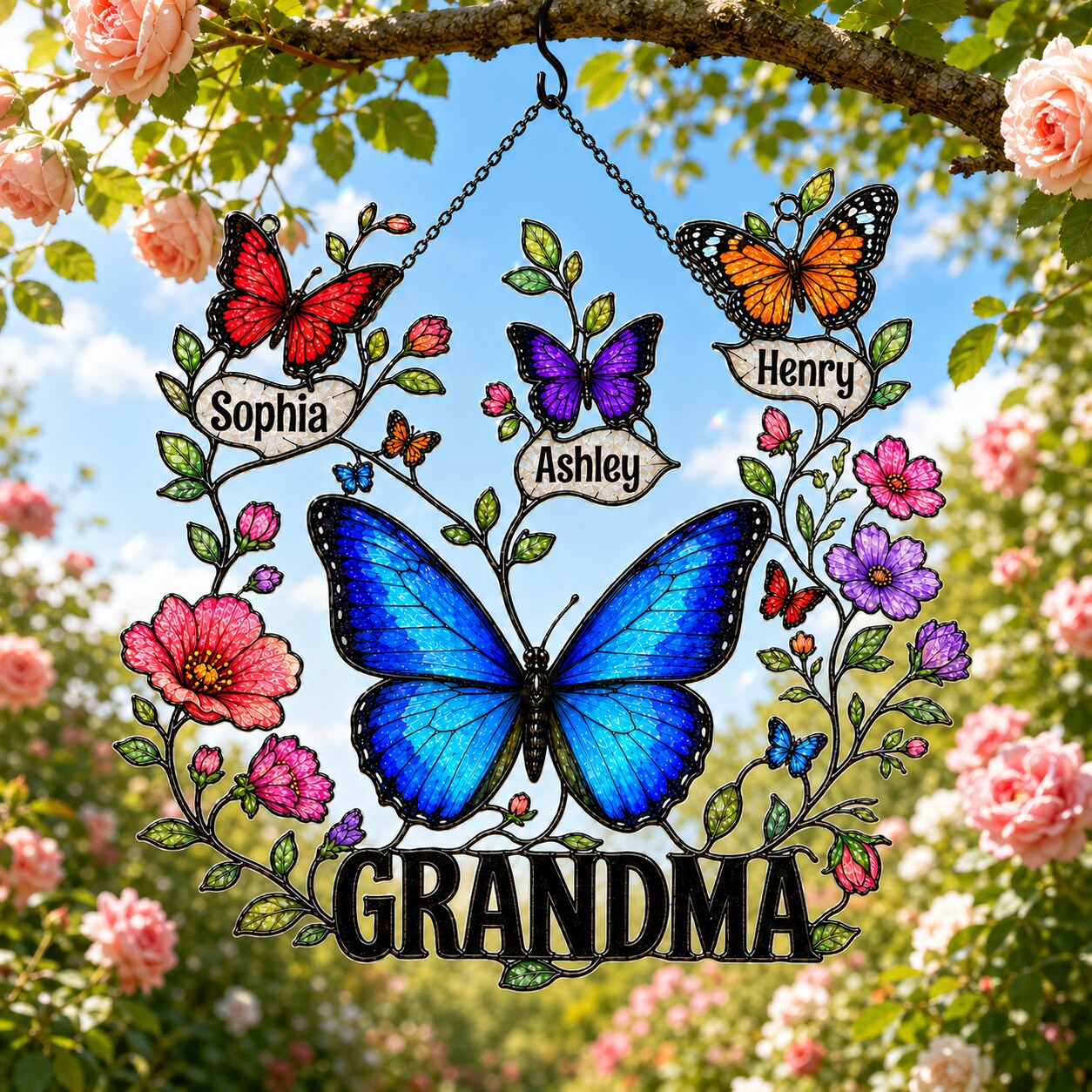Personalized Grandma Butterfly Wreath Holographic Acrylic Suncatcher