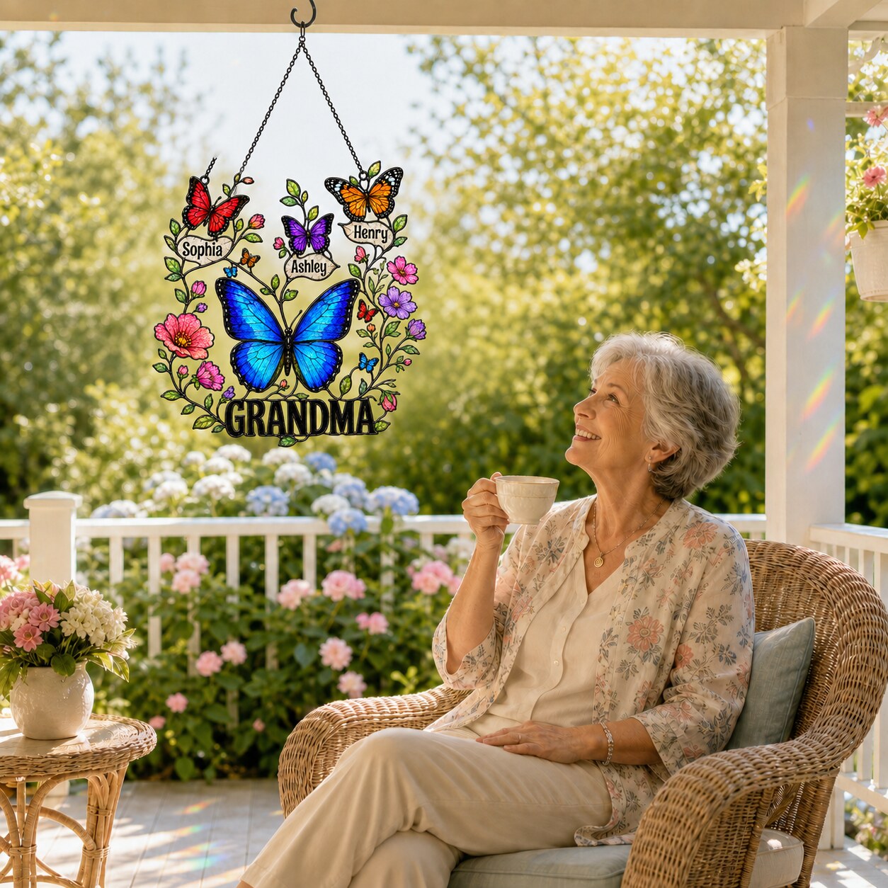 Personalized Grandma Butterfly Wreath Holographic Acrylic Suncatcher