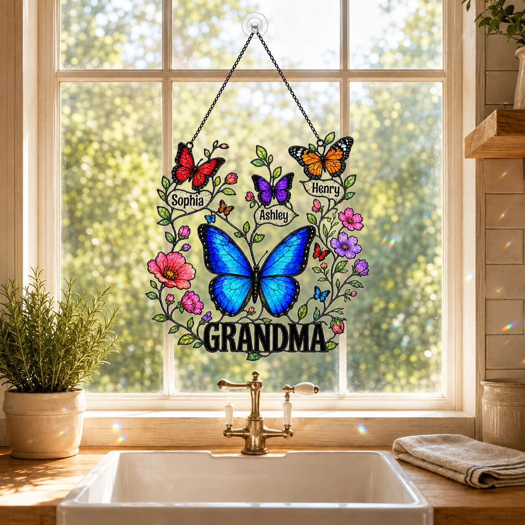 Personalized Grandma Butterfly Wreath Holographic Acrylic Suncatcher