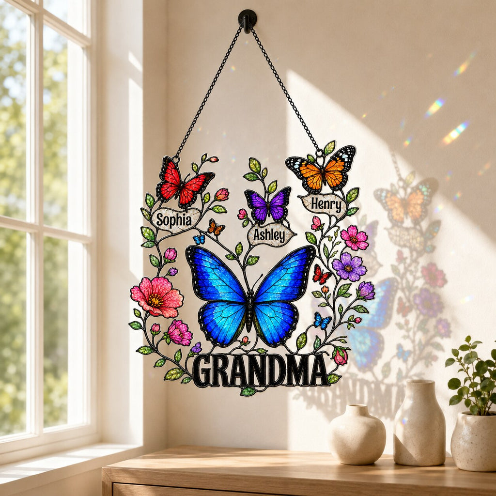 Personalized Grandma Butterfly Wreath Holographic Acrylic Suncatcher