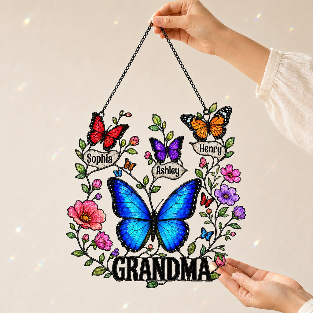 Personalized Grandma Butterfly Wreath Holographic Acrylic Suncatcher