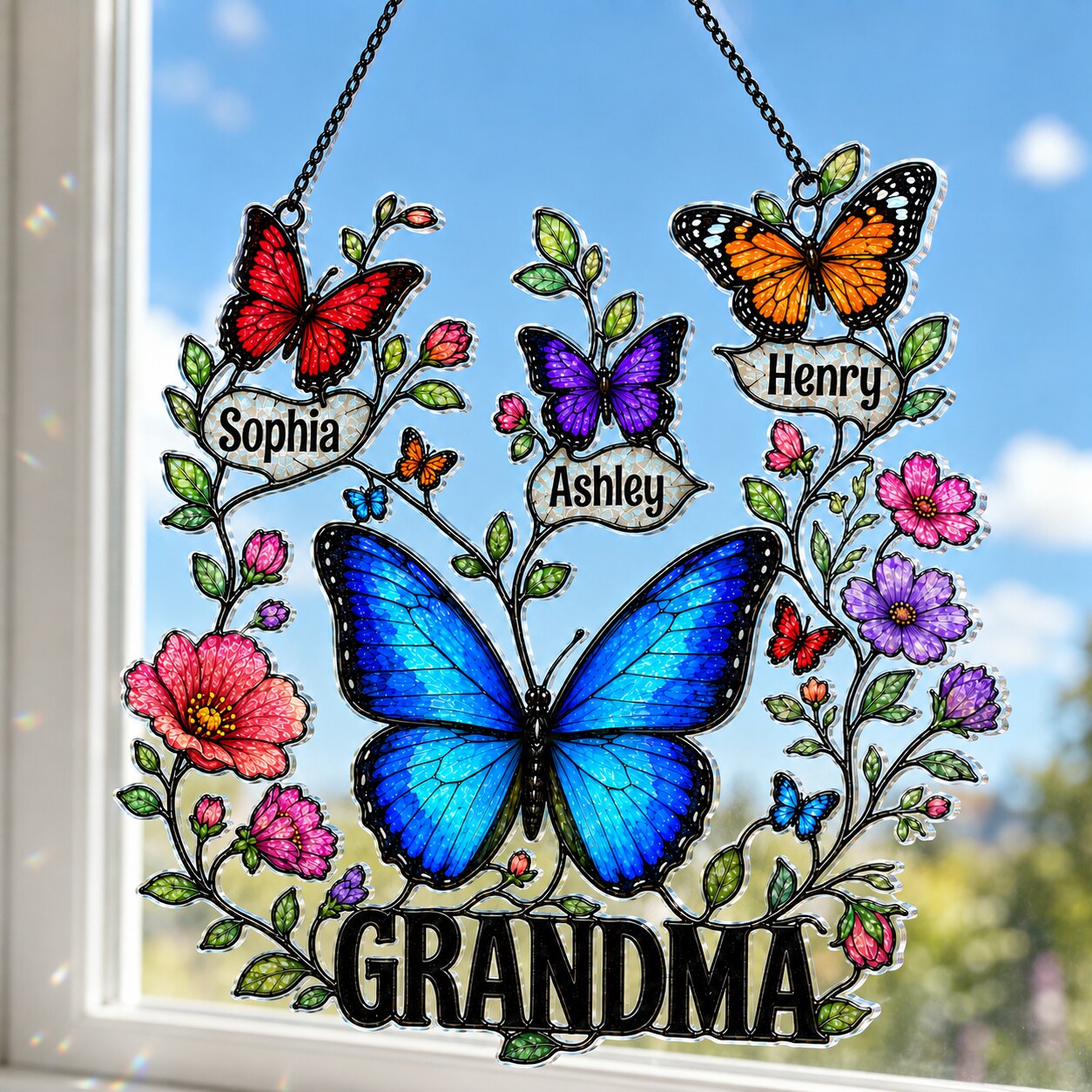 Personalized Grandma Butterfly Wreath Holographic Acrylic Suncatcher