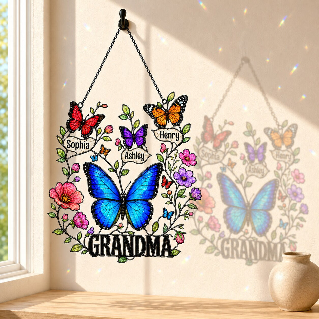 Personalized Grandma Butterfly Wreath Holographic Acrylic Suncatcher