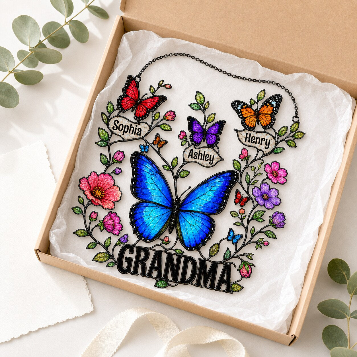 Personalized Grandma Butterfly Wreath Holographic Acrylic Suncatcher