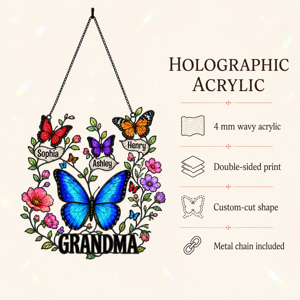Personalized Grandma Butterfly Wreath Holographic Acrylic Suncatcher