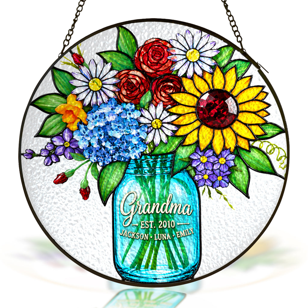 Personalized grandma flower bouquet suncatcher with mason jar and family names