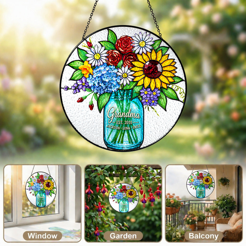 Personalized grandma suncatcher with black chain and suction cup