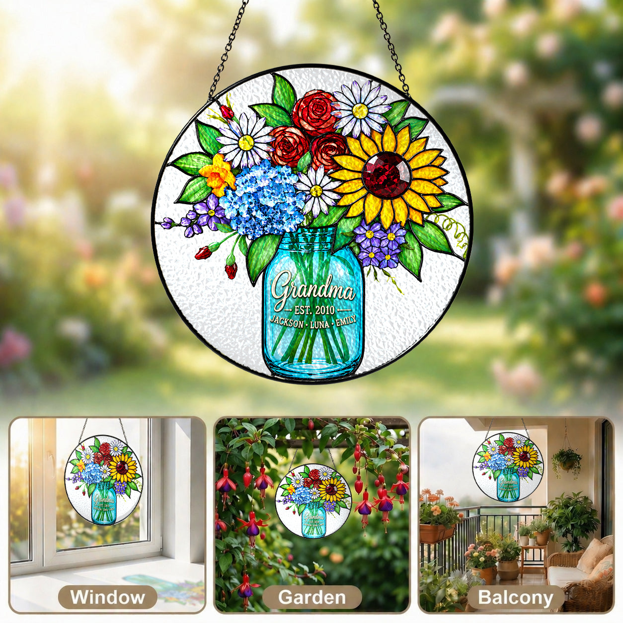 Personalized grandma suncatcher with black chain and suction cup