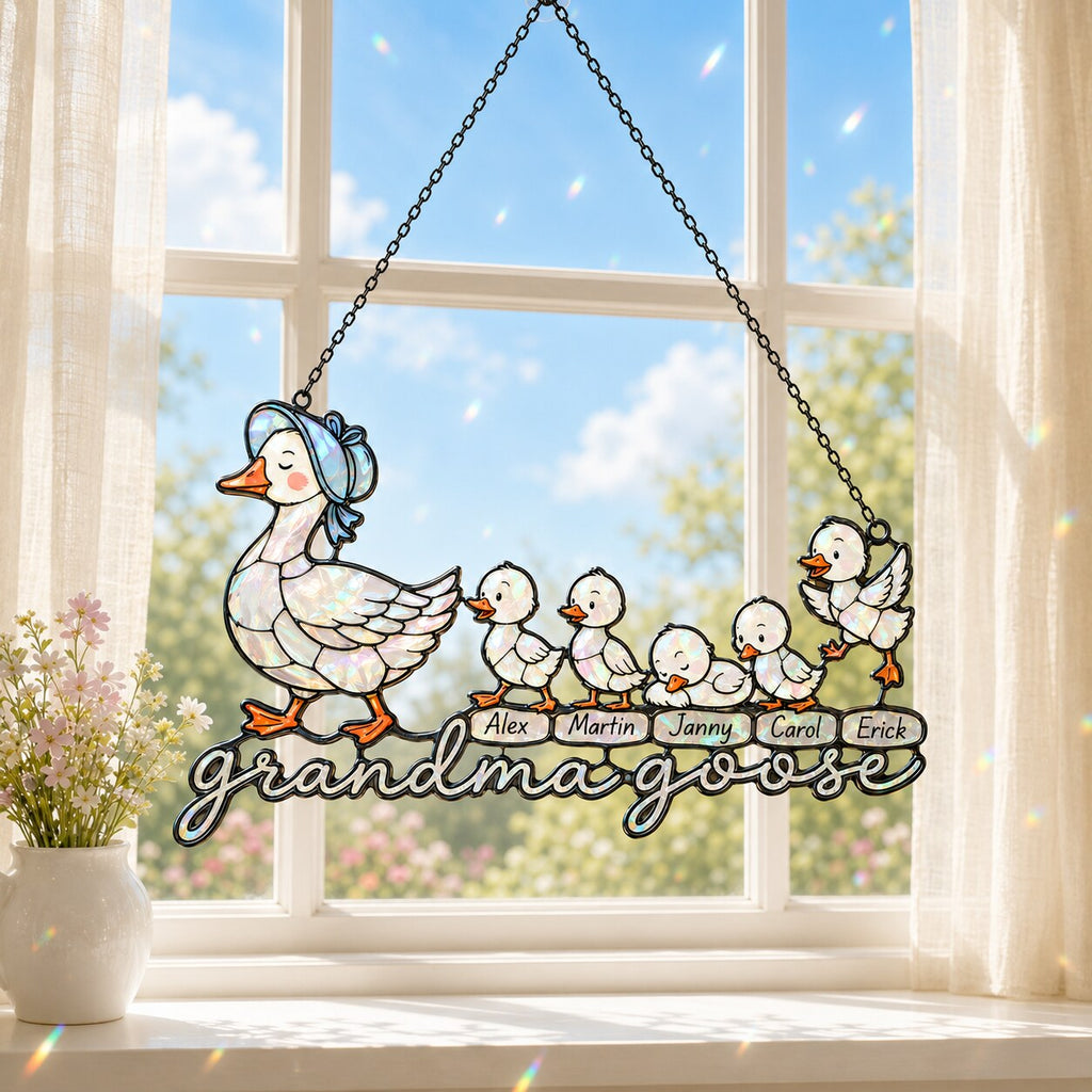Personalized Grandma Goose & Goslings Holographic Acrylic Suncatcher