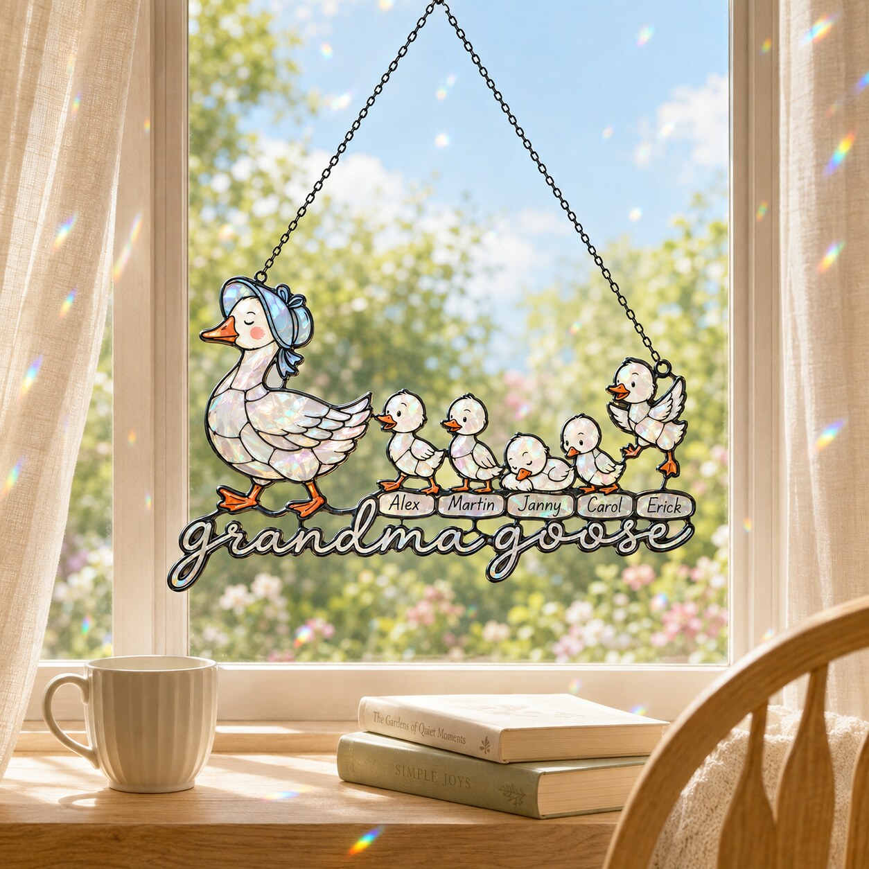 Personalized Grandma Goose & Goslings Holographic Acrylic Suncatcher