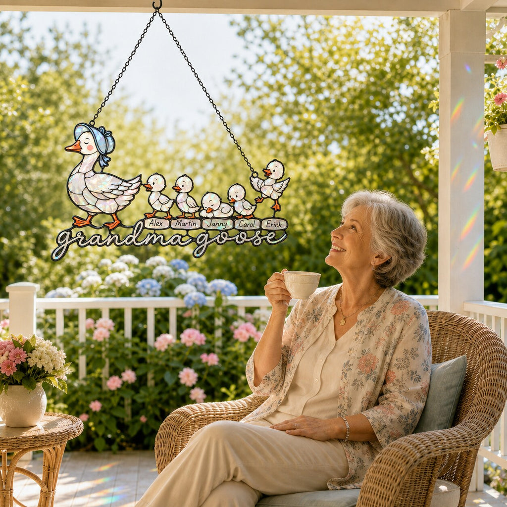 Personalized Grandma Goose & Goslings Holographic Acrylic Suncatcher