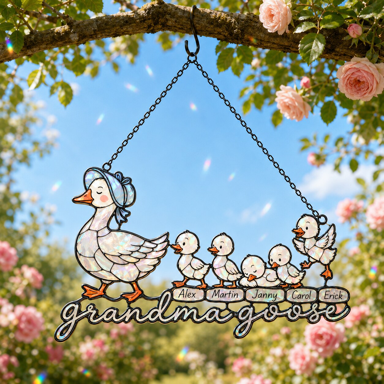 Personalized Grandma Goose & Goslings Holographic Acrylic Suncatcher
