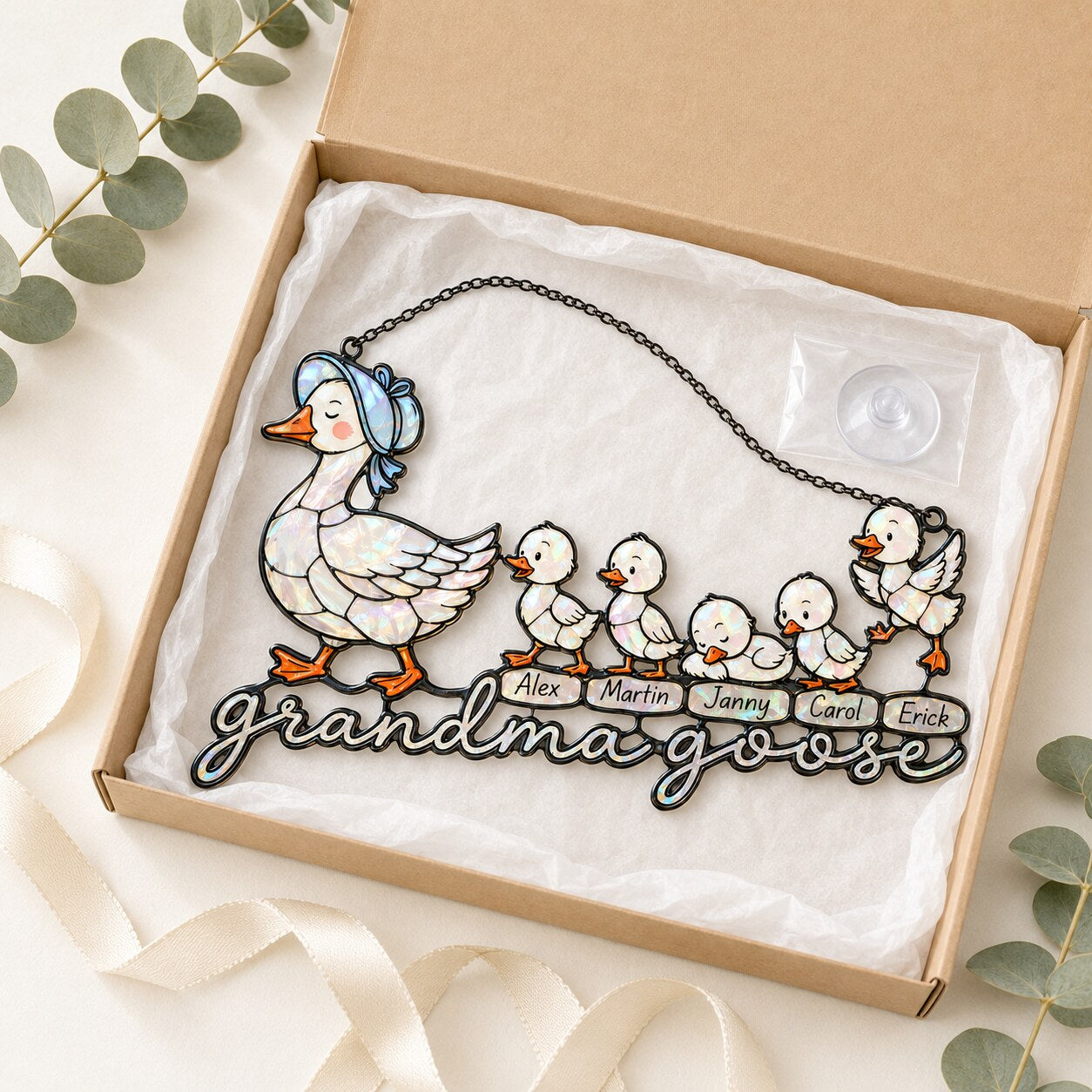 Personalized Grandma Goose & Goslings Holographic Acrylic Suncatcher