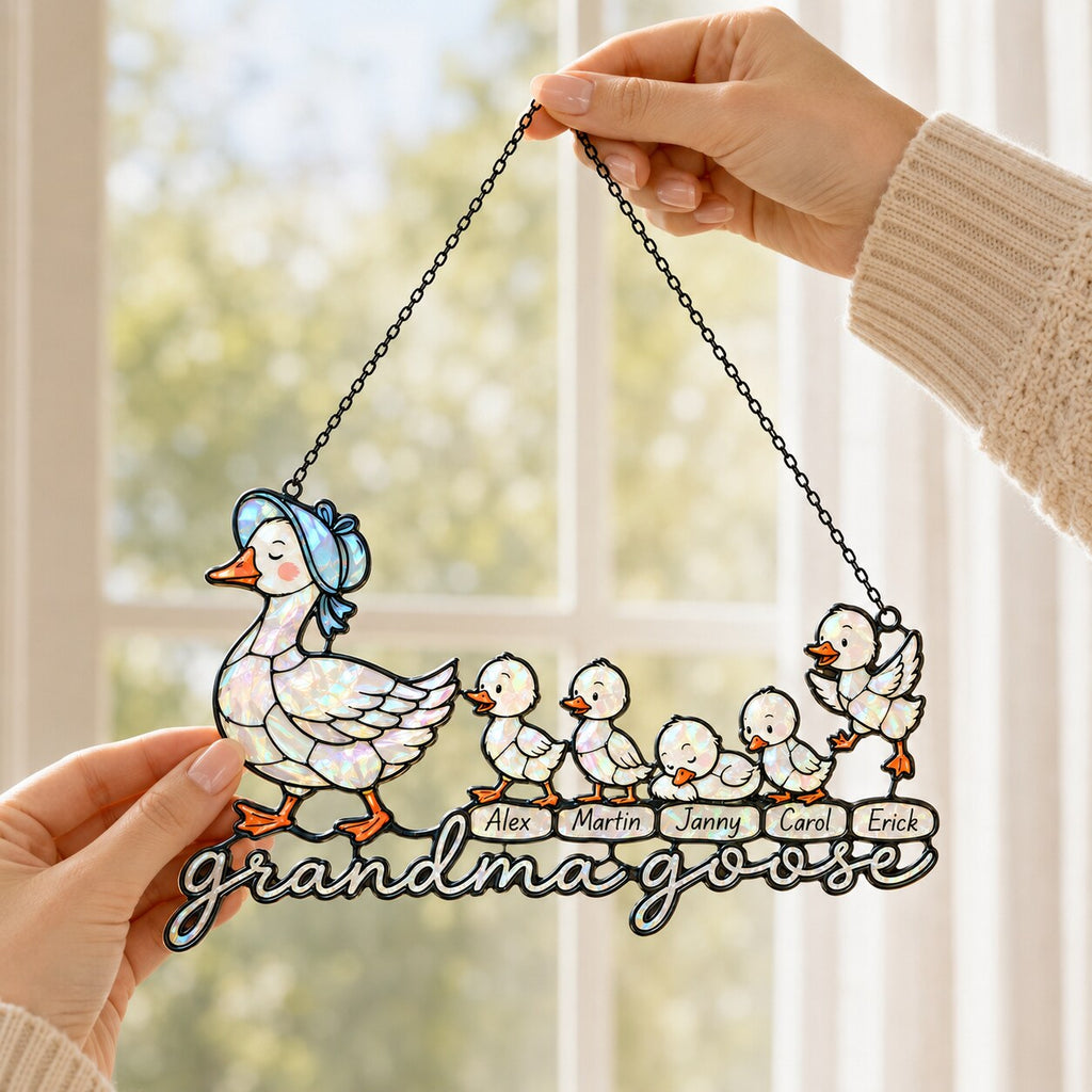 Personalized Grandma Goose & Goslings Holographic Acrylic Suncatcher