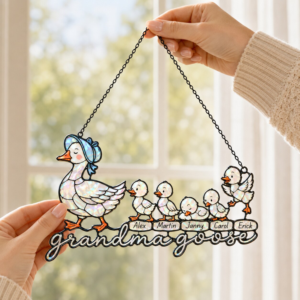 Personalized Grandma Goose & Goslings Holographic Acrylic Suncatcher