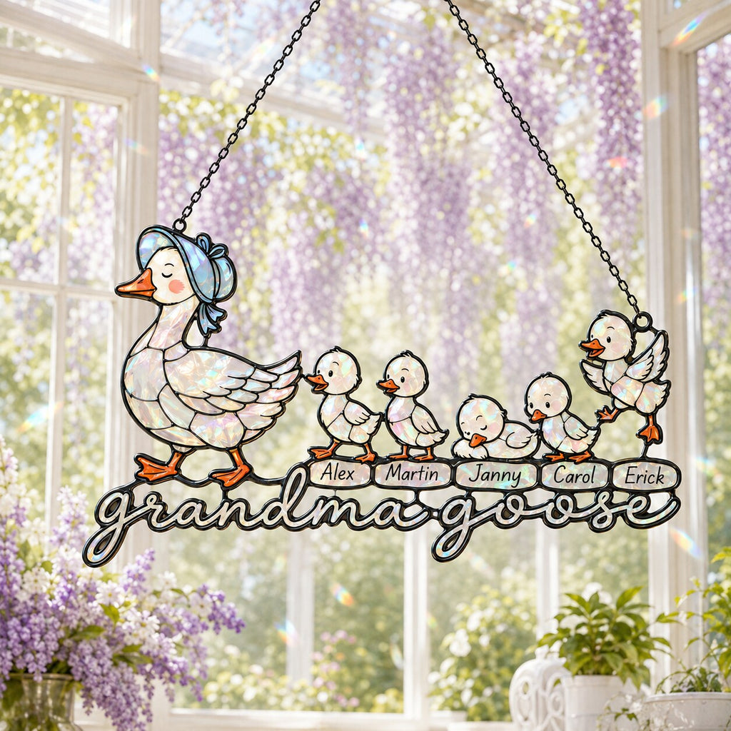Personalized Grandma Goose & Goslings Holographic Acrylic Suncatcher