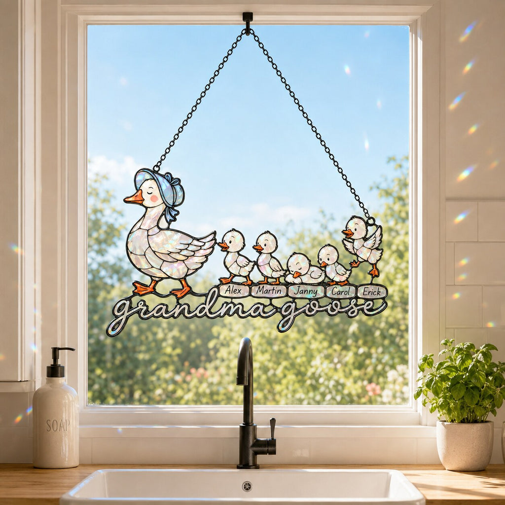 Personalized Grandma Goose & Goslings Holographic Acrylic Suncatcher