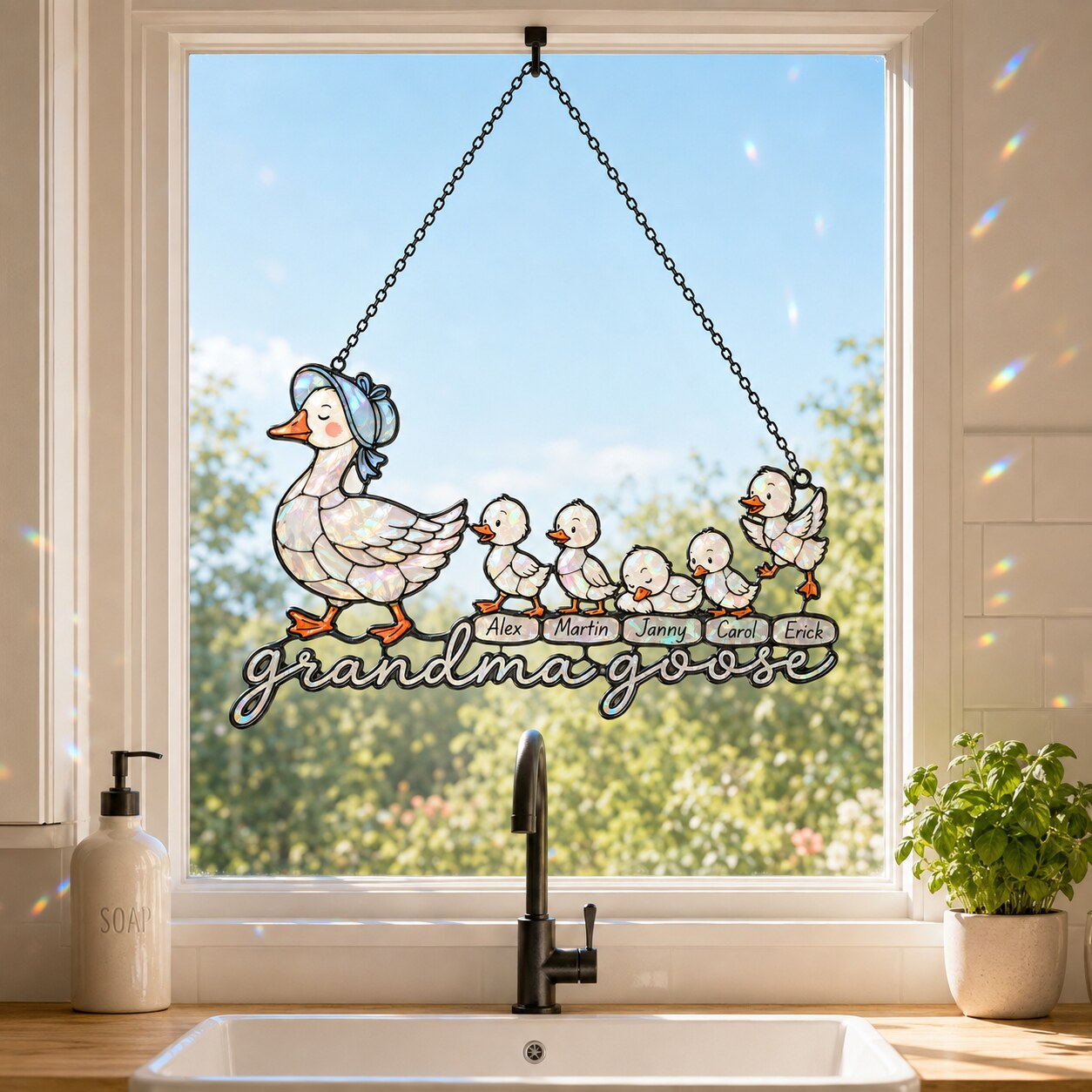 Personalized Grandma Goose & Goslings Holographic Acrylic Suncatcher