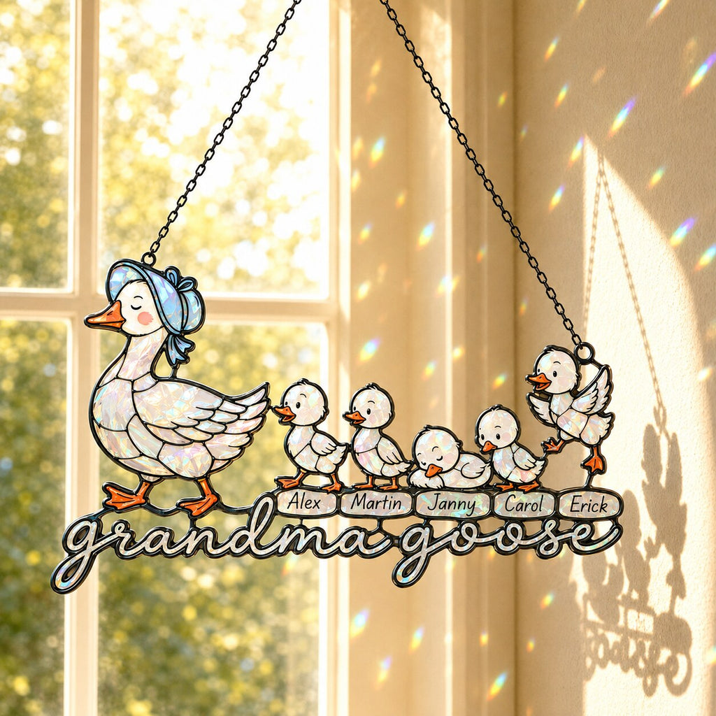 Personalized Grandma Goose & Goslings Holographic Acrylic Suncatcher
