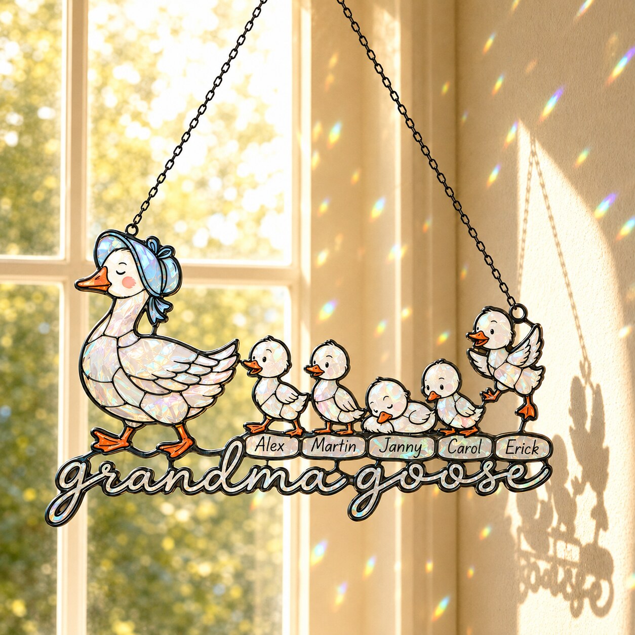 Personalized Grandma Goose & Goslings Holographic Acrylic Suncatcher