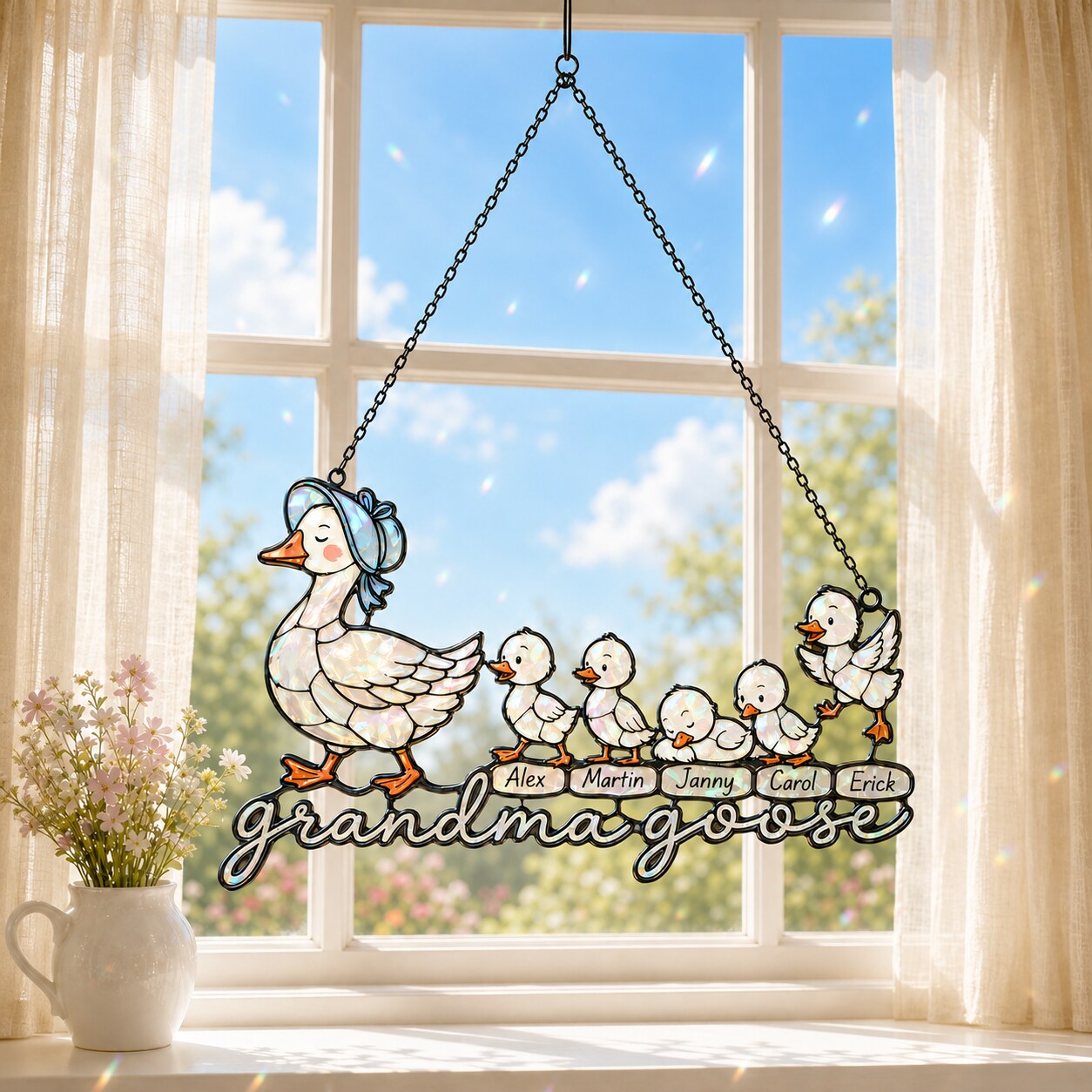 Personalized Grandma Goose & Goslings Holographic Acrylic Suncatcher