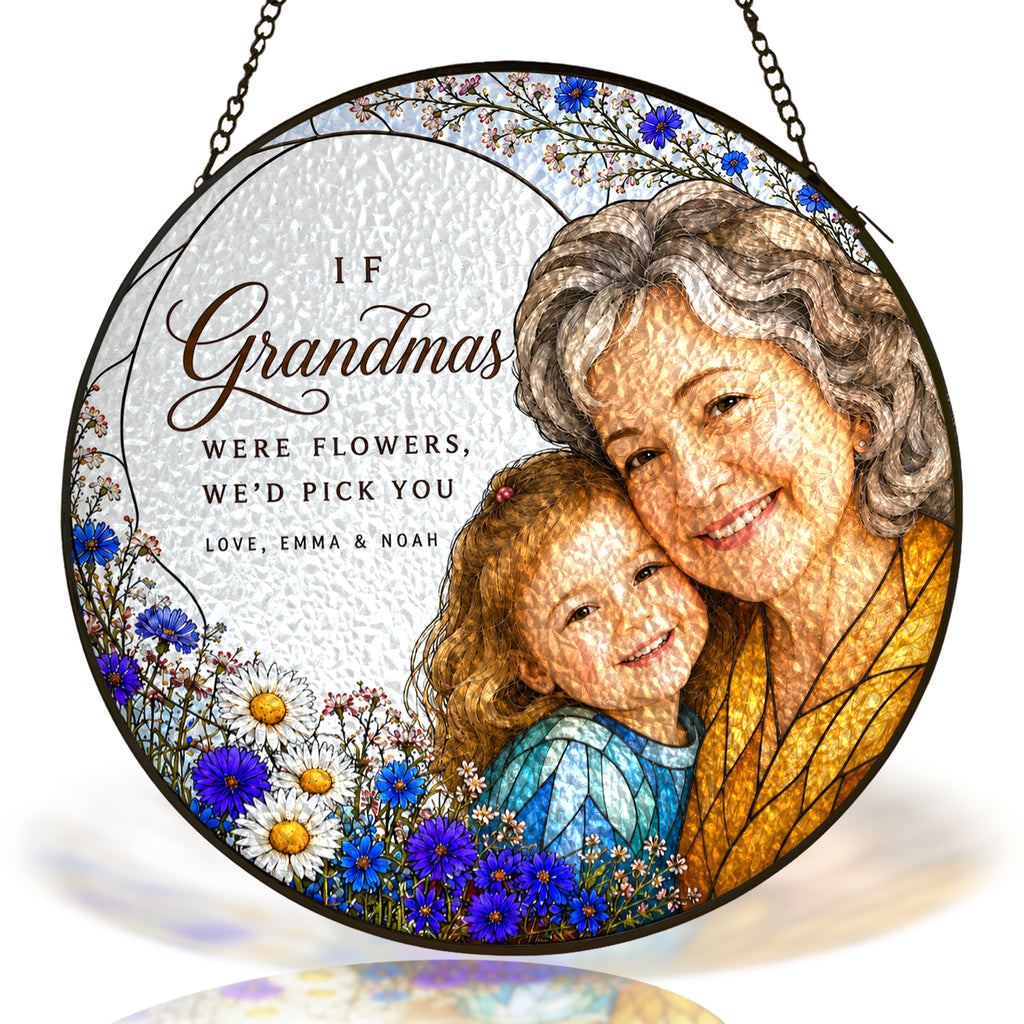 Personalized Grandma & Grandkids Photo Suncatcher on a white background