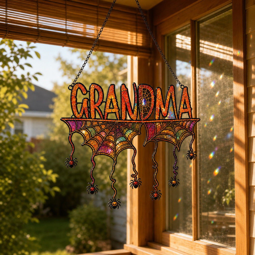 Personalized Grandma Halloween Spider Web Holographic Acrylic Suncatcher