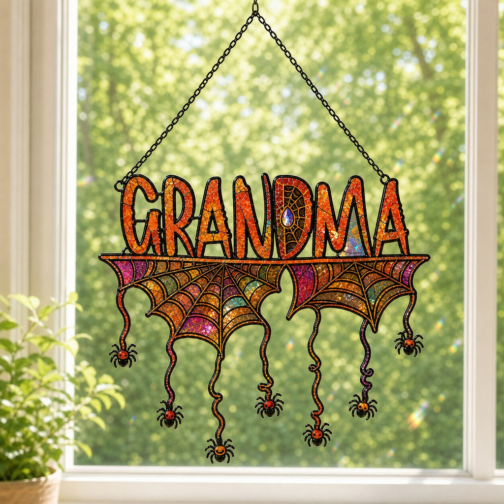 Personalized Grandma Halloween Spider Web Holographic Acrylic Suncatcher