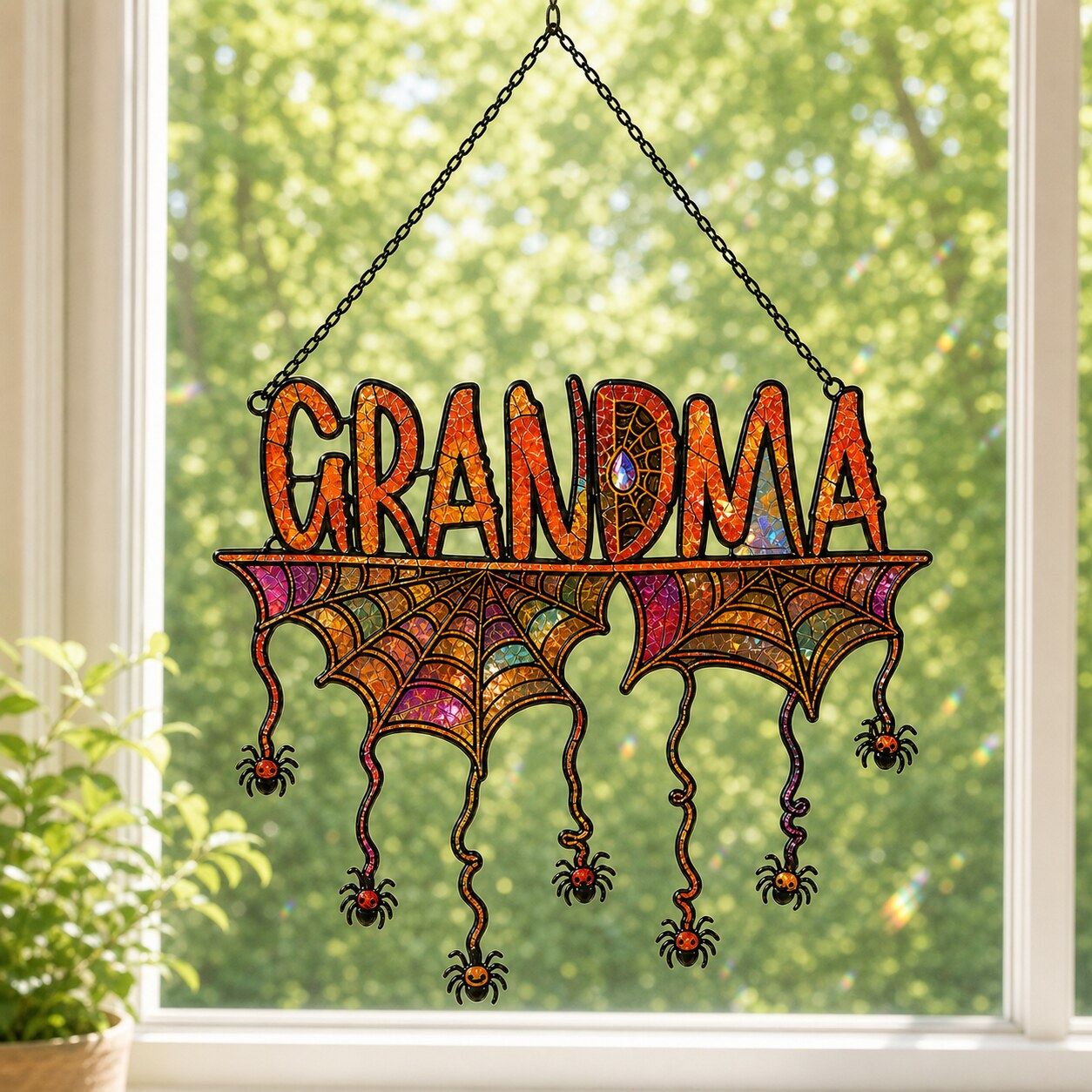 Personalized Grandma Halloween Spider Web Holographic Acrylic Suncatcher