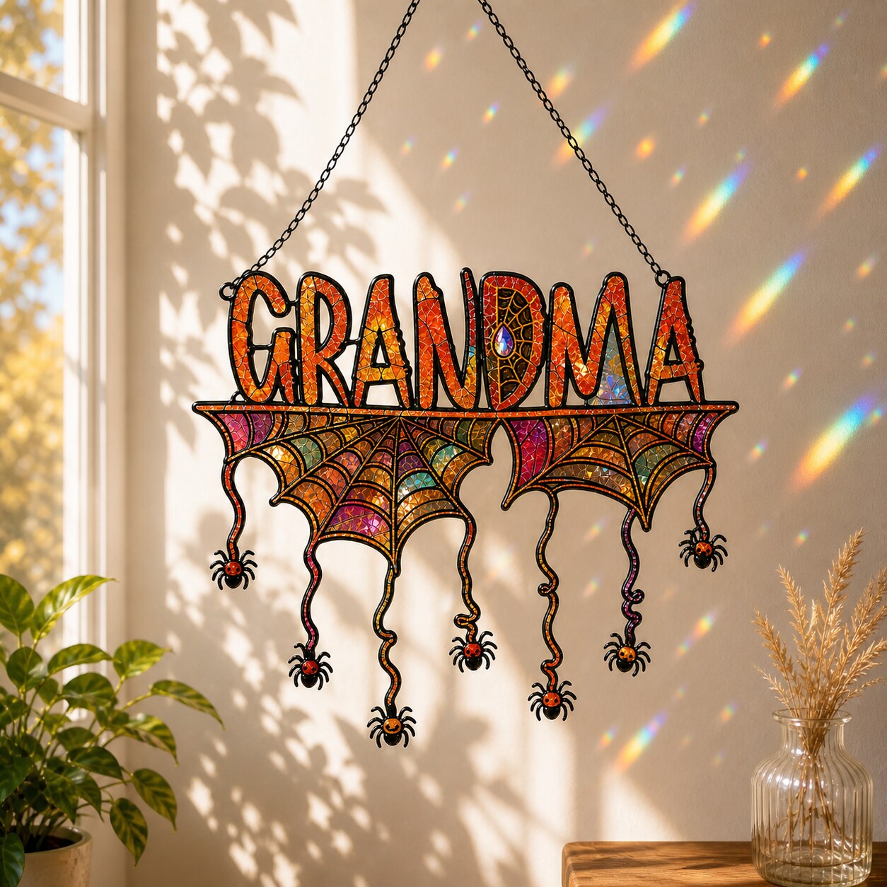 Personalized Grandma Halloween Spider Web Holographic Acrylic Suncatcher