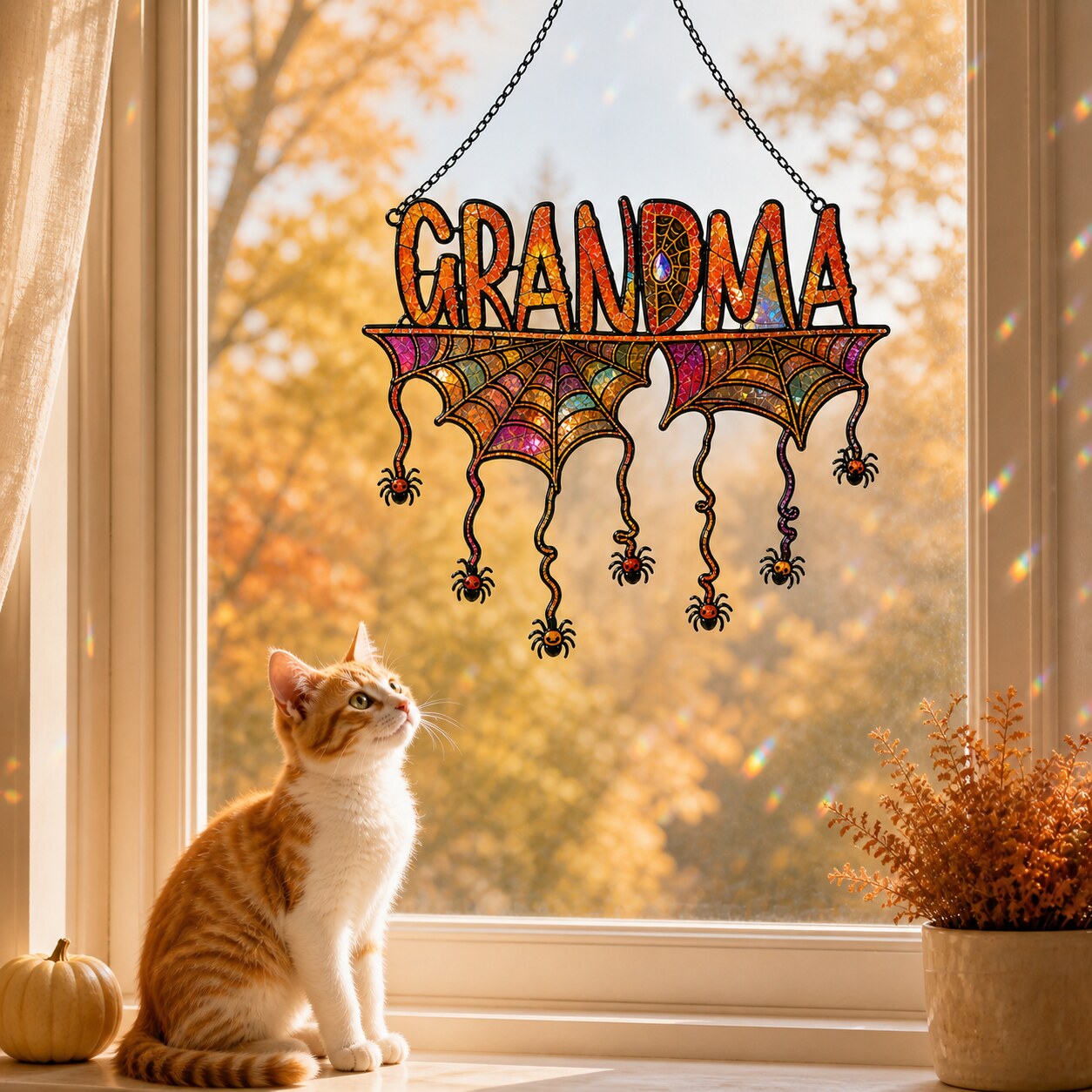 Personalized Grandma Halloween Spider Web Holographic Acrylic Suncatcher