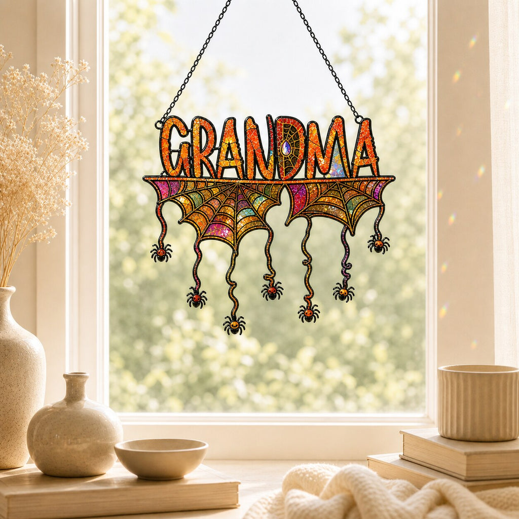 Personalized Grandma Halloween Spider Web Holographic Acrylic Suncatcher