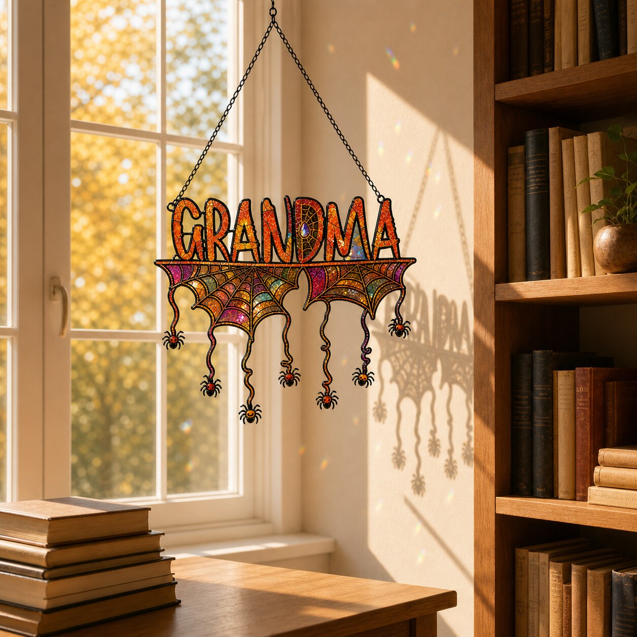 Personalized Grandma Halloween Spider Web Holographic Acrylic Suncatcher