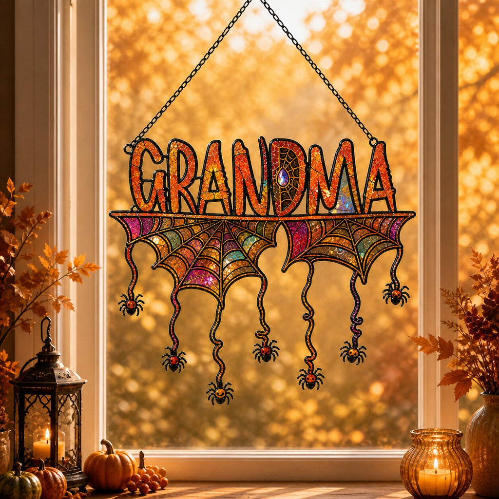 Personalized Grandma Halloween Spider Web Holographic Acrylic Suncatcher