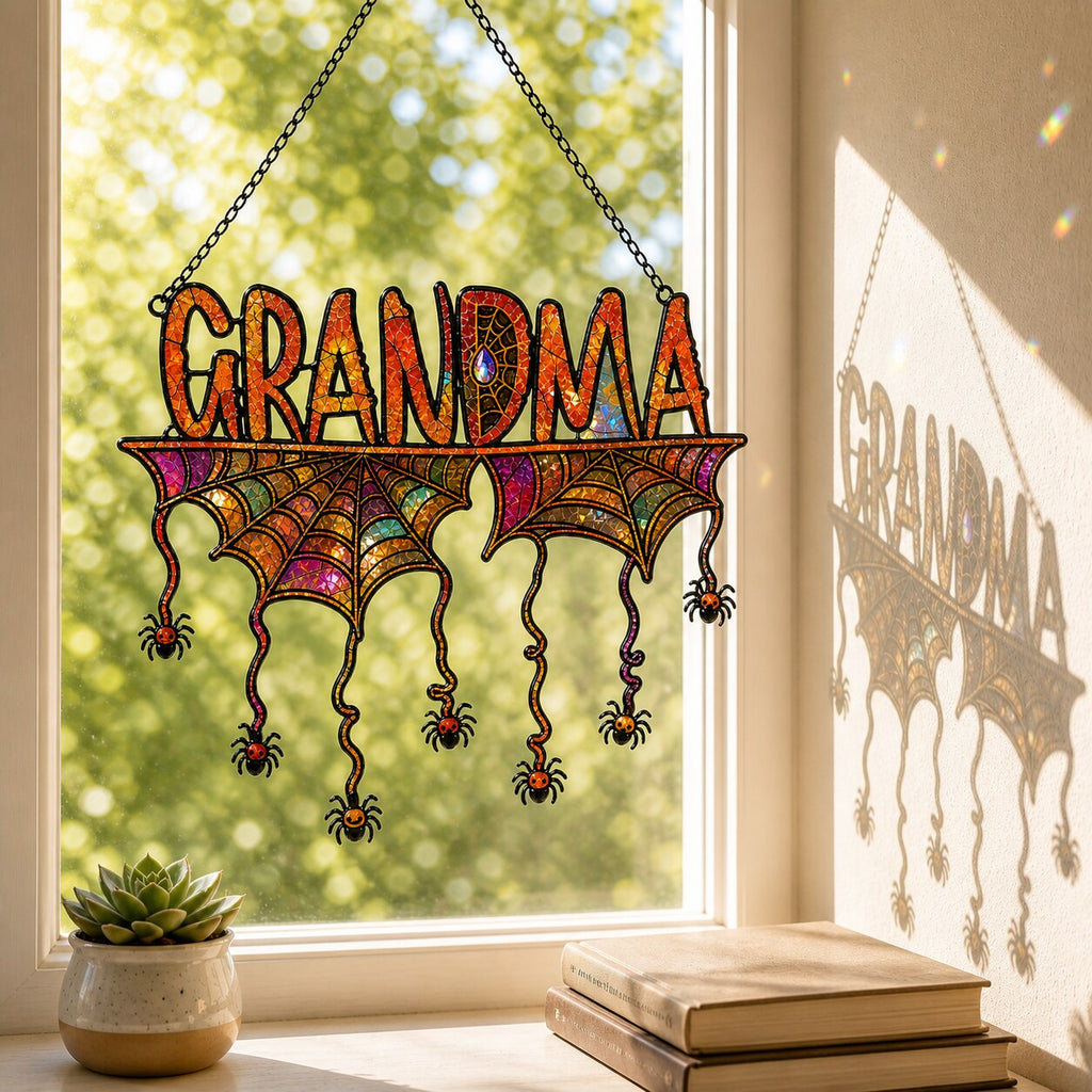 Personalized Grandma Halloween Spider Web Holographic Acrylic Suncatcher