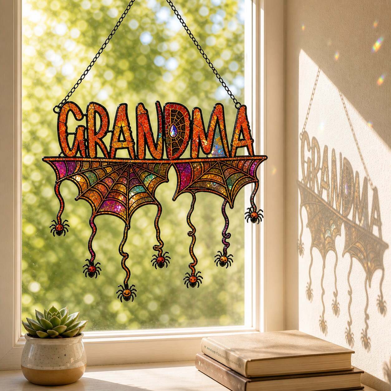 Personalized Grandma Halloween Spider Web Holographic Acrylic Suncatcher