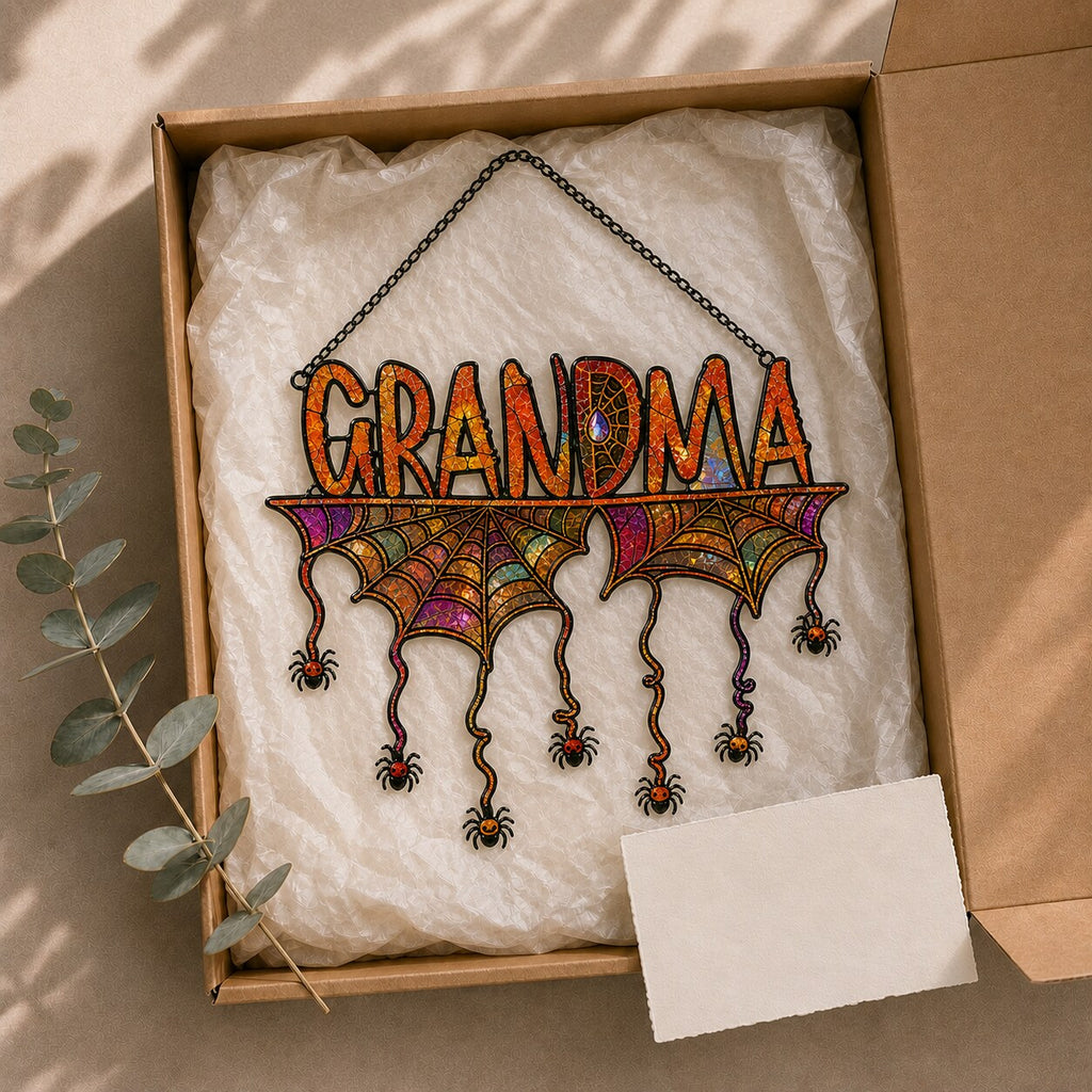 Personalized Grandma Halloween Spider Web Holographic Acrylic Suncatcher
