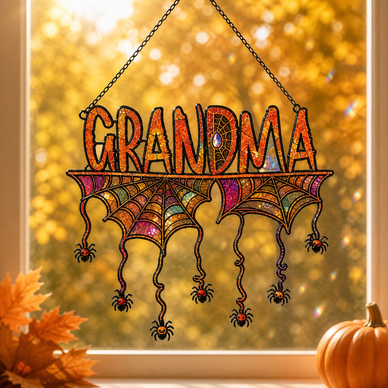 Personalized Grandma Halloween Spider Web Holographic Acrylic Suncatcher