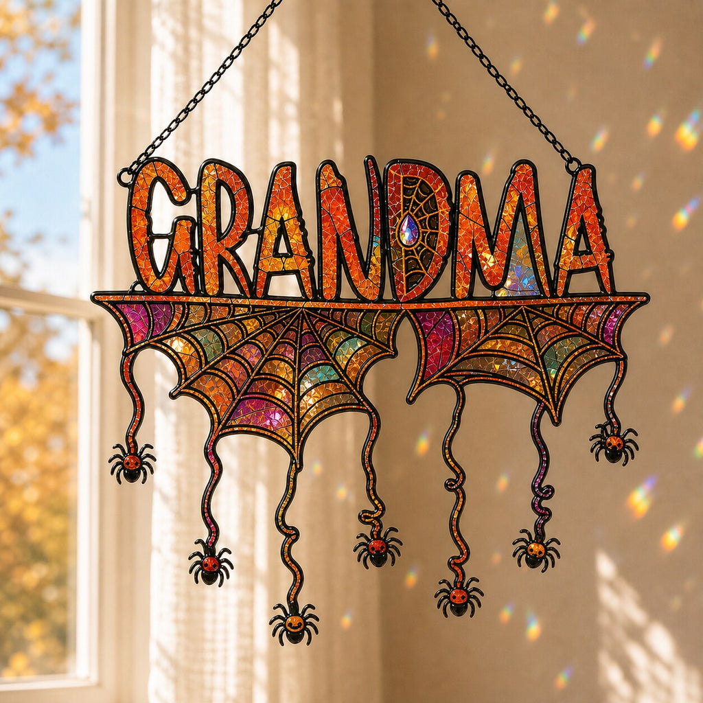 Personalized Grandma Halloween Spider Web Holographic Acrylic Suncatcher