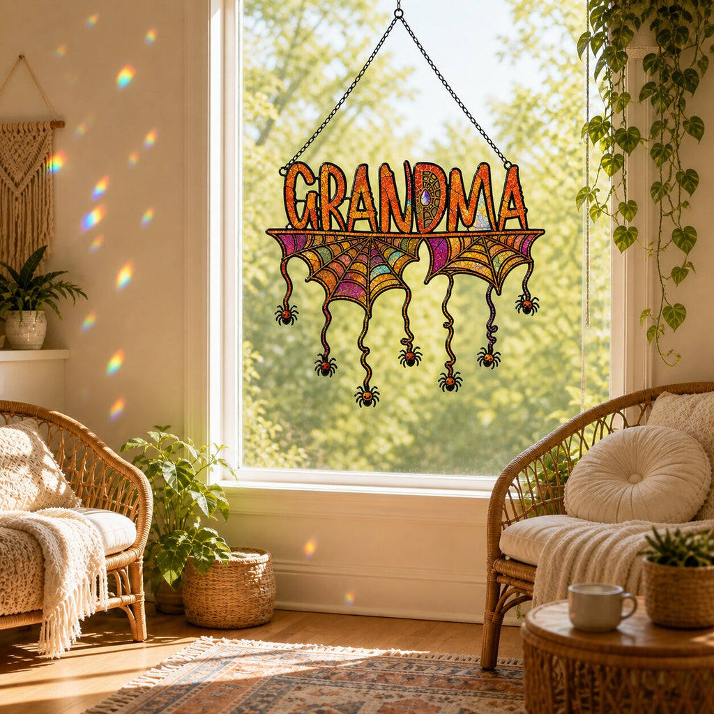 Personalized Grandma Halloween Spider Web Holographic Acrylic Suncatcher
